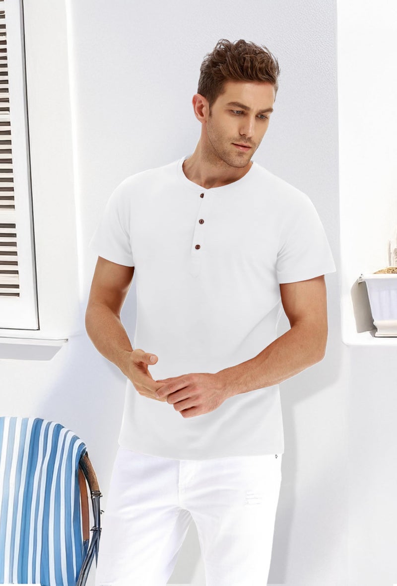 PEGENO Men's Casual Slim Fit Short Sleeve Henley T-Shirts Cotton Shirts (White-US XXL) - Image 4